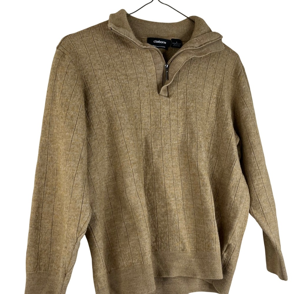 Claiborne Sweater Mens Large Tan Merino Wool Blend 1/4 Zip Ribbed Knit Pullover